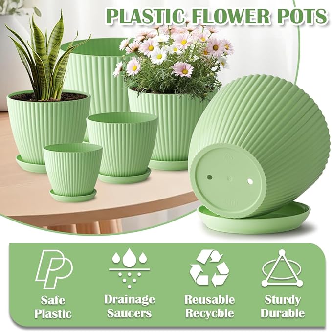RooTrimmer 7.5/6.5/5.5/4.9/4.2/3.5 Inch Plant Pots with Saucers & Drain Holes - Indoor/Outdoor Flower Pots for Succulents, Herbs, Cactus - Modern Lightweight Durable Planter Set, Green