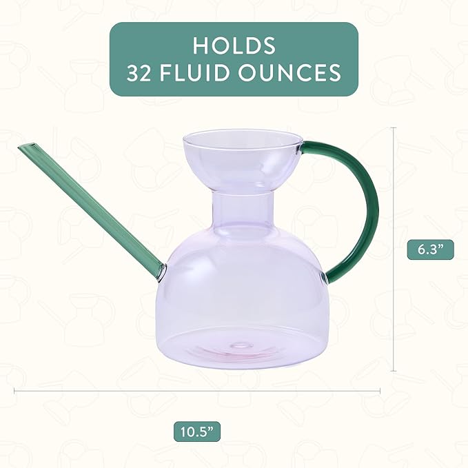 Modern Sprout Plant Watering Can - Handcrafted from Borosilicate Glass - Long Spout Vessel for Indoor Plants - 32 Oz Capacity - Multipurpose Watering Can & Flower Vase for Houseplants (Purple/Emerald)