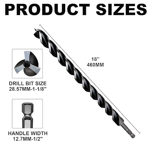 1-1/8"×18" Professional Auger Drill Bit for Wood with Quick Change 1/2" Hex Shank- 3-Cutter Design with Dual-Flute for Fast Chip Removal, Fits Hardwood, Softwood, PVC, Drywall & Tree Stumps