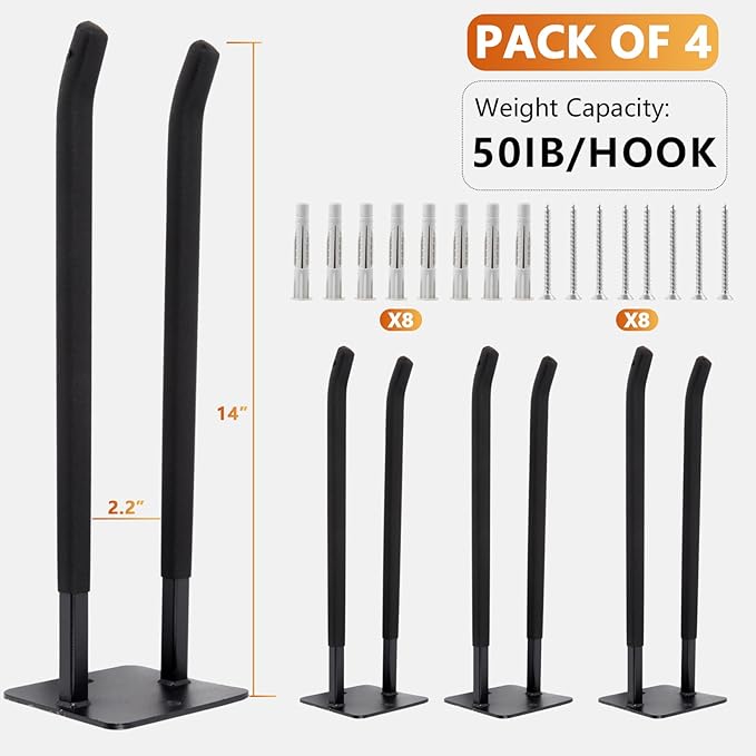 Sinoer Heavy Duty Double Garage Hooks 14 Inch Wall Mount Steel Utility Hooks, Tool Organizer for Ladders, Chairs, Ropes, Tires & Strollers (4 Pack)