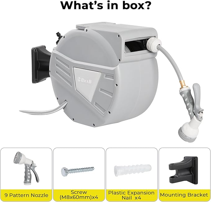 Retractable Garden Hose Reel,1/2 in x 100ft Wall Mounted Hose Reel, Optional Position Lock，Slow-Retract System，Wall Mounted，180°Swivel Bracket，Light Grey