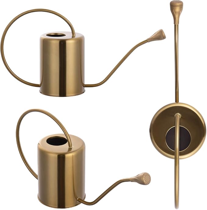 Yowo 1/2 Gallon 68oz Long Spout Stainless Steel Gold Colored Watering Can for Indoor Plant Watering or Outdoor Gardening with 2 Removable Spray Spout for Flowers, Medium
