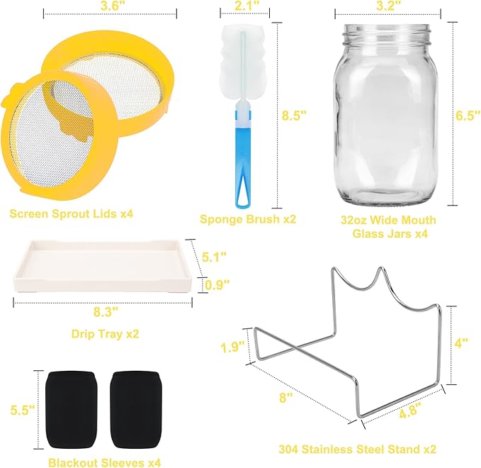 Lulonpon Sprouting Kit, 4 Sprouting Jar Kits, Wide Mouth Quart Mason Jars with Stainless Steel Screen Sprout Lids,1000ml Sprouts Growing Kit, Seed Sprouter Set for Growing Broccoli, Bean, Alfalfa ﻿