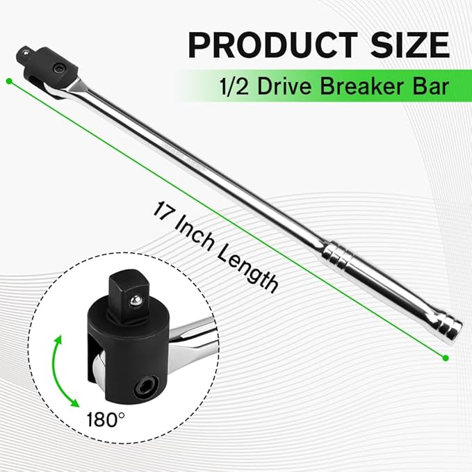 SWANLAKE 1/2 Breaker Bar, 17.5" Length with 180° Rotatable Head, 1/2 inch Drive,CR-V Steel