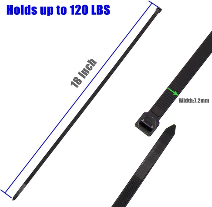 XL Long Large 18 Inch Black Cable Zip Ties Industrial Outdoor 50 Pack-120 Pounds Strong Ziptie Straps-Heavy Duty Zip Tirs Self-locking Cable Tie-Plastic Ties Garden Use(18",Black)