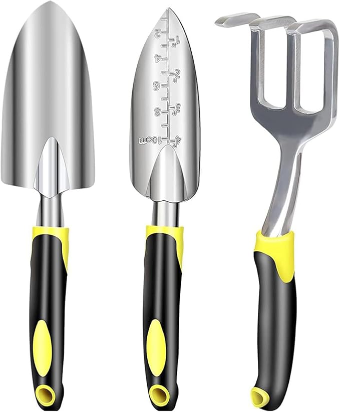 3-Piece Gardening Tool Set, Heavy Duty Hand Tools with Ergonomic Non-Slip Handle, Includes Trowel, Transplanting Spade & Hand Rake Cultivator, Ideal for Planting, Weeding & Small Garden Tasks