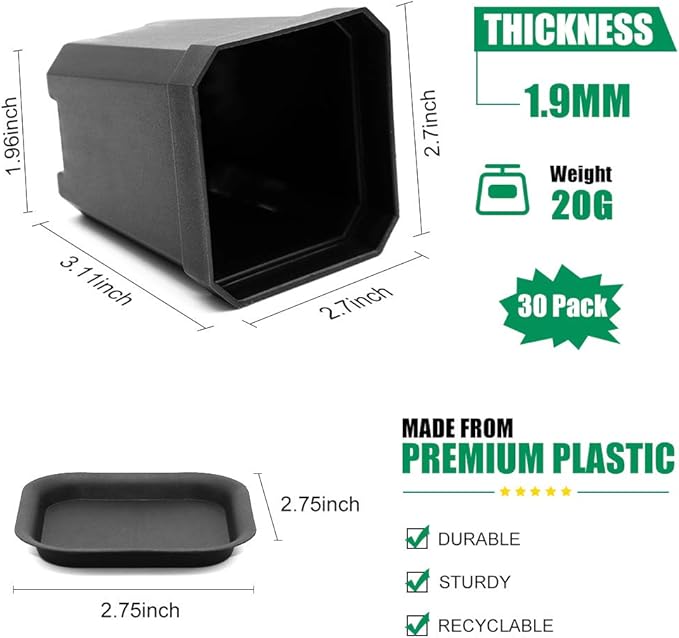 foxany 3" Nursery Pot, 30 Pcs Thick Plastic Plants Pots, Square Flower Planting Pots, Plant Seedling Pots, Seed Starting Pots with Saucers - Black 30 Pcs