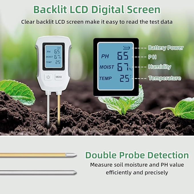 3 in 1 Soil Tester, Ph, Humidity and Temperature Measurement, Backlit Display, 10 Second Test Time, Suitable for Gardening, Lawn, Agriculture, Battery Not Included