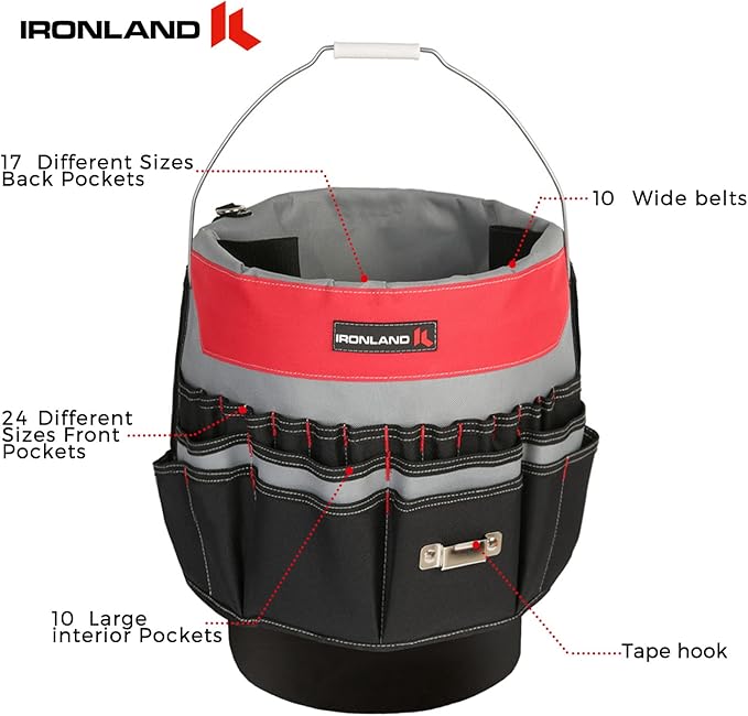IRONLAND Bucket Tool Organizer Fit 3.5-5 Gallon Bucket, 51 Pockets, Bucket Tool Caddy Organization for Garden, Construction, Carpenter, Electrician, Welding, Builder Red & Black