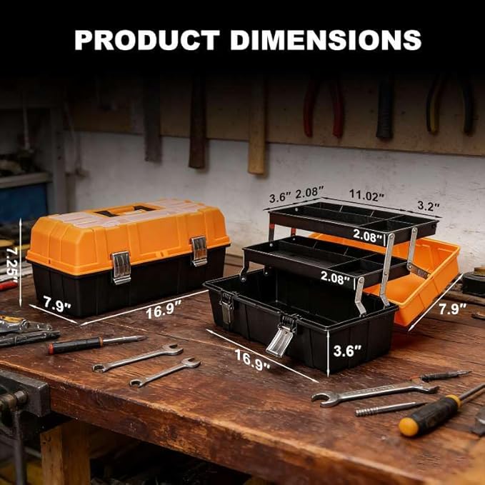Jack Boss 17 Inch 3-Tier Portable Plastic Tool Box – Multi-Function Organizer, Black/Orange