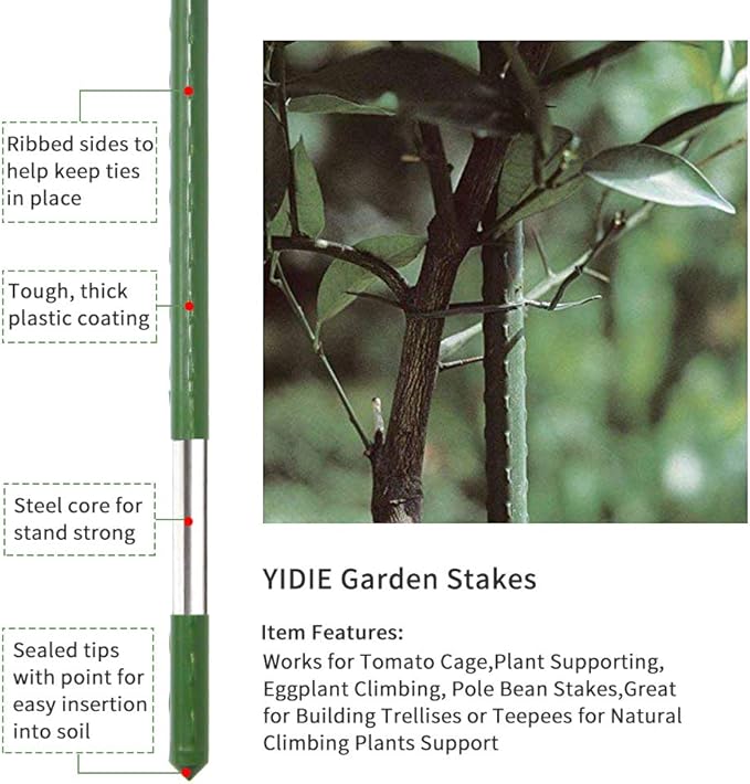 Sturdy Metal Garden Stakes 6 Ft Plastic Coated Steel Plant Sticks Tomato Stakes,Pack of 25