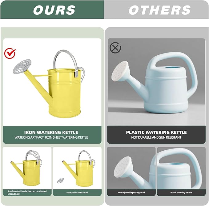 Metal Watering Can for Outdoor Plants, 1.7 Gallon Yellow Garden Watering Can for Flower, Houseplants, Galvanized Finish