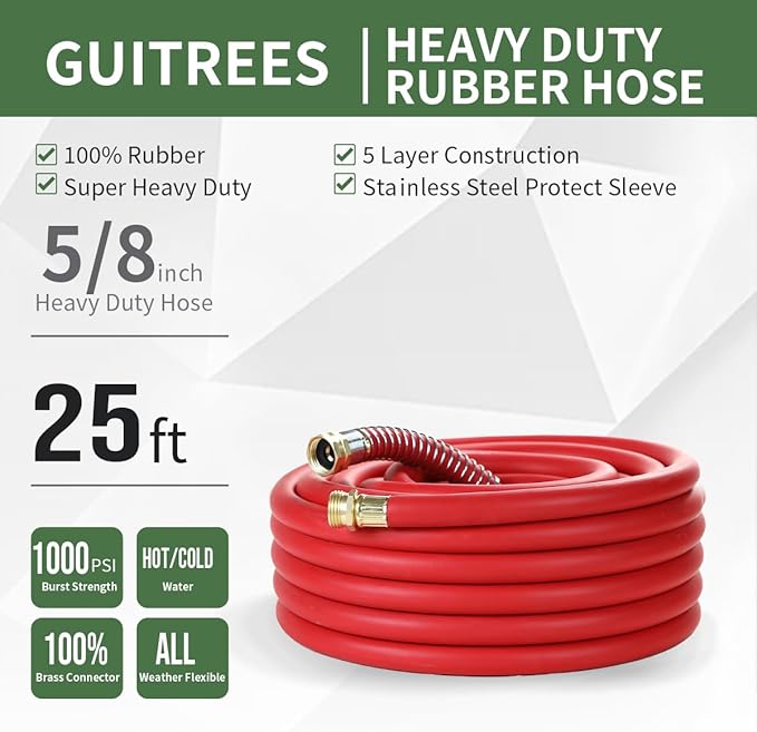 25FT 5/8 Heavy Duty Rubber Garden Hose - 300psi Working, 1000psi Burst - Hot/Cold Water - Five-Layered Braiding for Durability - Versatile for Gardening, Agriculture, Construction(Red)