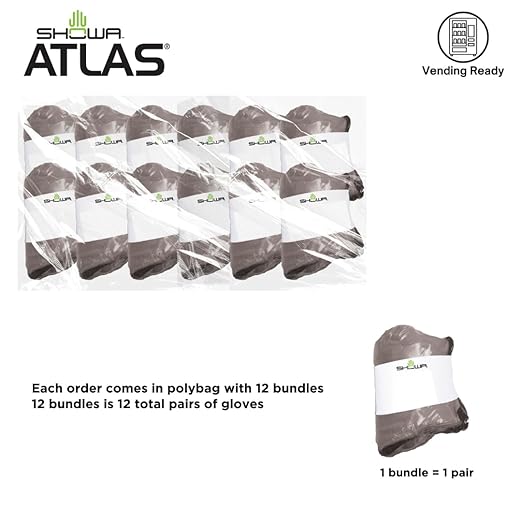 SHOWA Atlas 300B Original 1994 Crinkle Grip Work Gloves, Natural Latex Palm, Heavy Duty 10-Gauge for Construction, Landscaping, Gardening, & Masonry, Black, Large, Vending Pack, 12-Pair