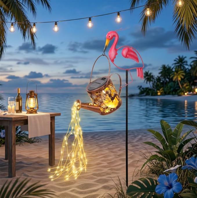 LOVERUIS Garden Statues with Solar Watering Can Lights, Cute Outdoor Garden Decor for Patio Yard Lawn Ornaments, Unique Gift for Women Mom Grandma (Flamingo)