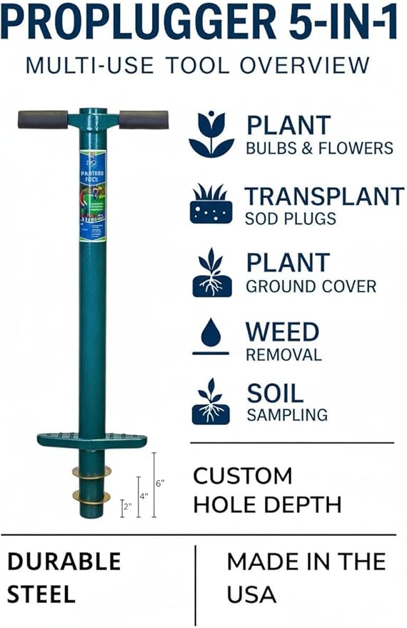 ProPlugger 5-IN-1 Lawn Tool and Garden Tool, Bulb Planter, Weeder, Sod Plugger, Annual Planter, Soil Test