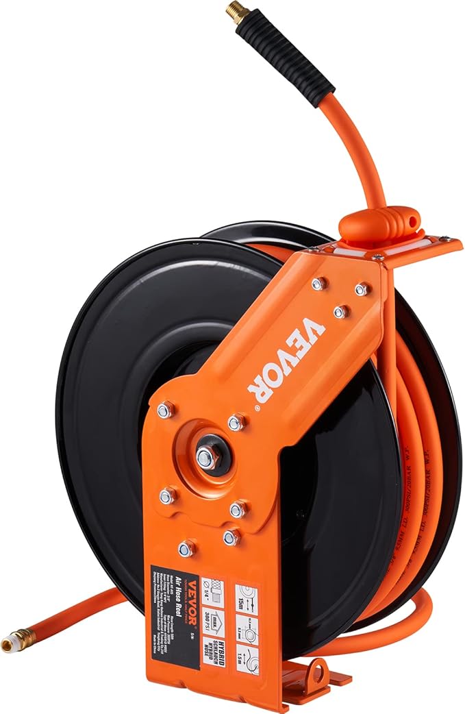VEVOR Retractable Air Hose Reel, 3/8 IN x 50 FT Hybrid Air Hose Max 300PSI, Air Compressor Hose Reel with 5 ft Lead in, Ceiling/Wall Mount Heavy Duty Single Arm Steel Reel