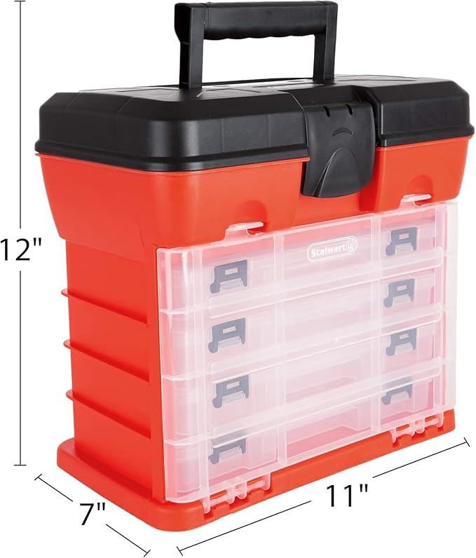 Portable Tool Storage Box - Small Parts Organizer with 4 Multi-Compartment Trays for Fishing Tackle, Hand Tools, or Craft Supplies by Stalwart (Red)