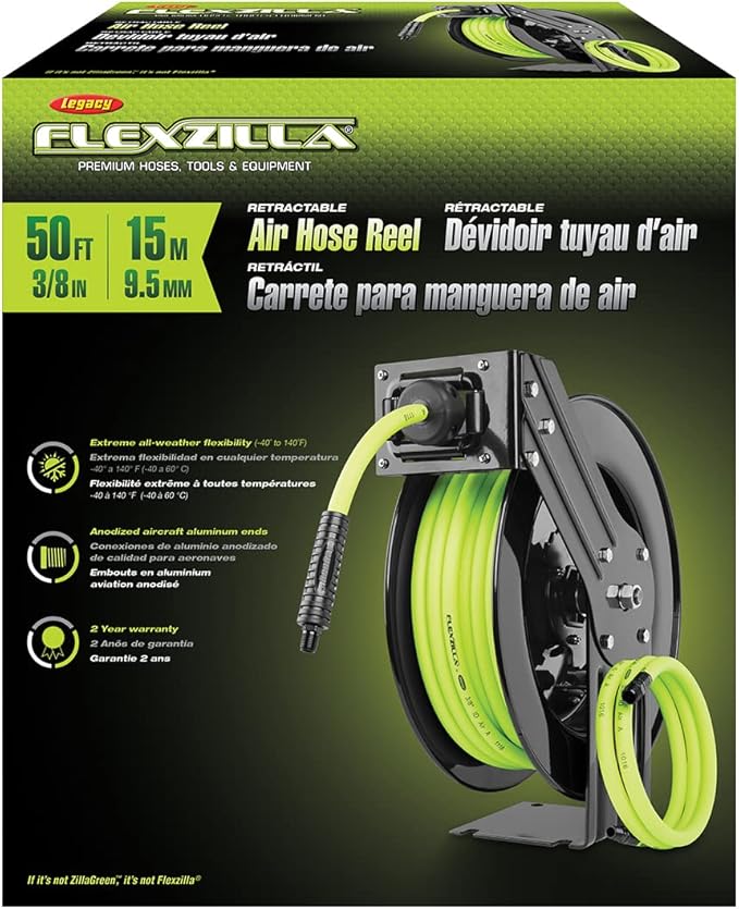Flexzilla Open Face Retractable Air Hose Reel, 3/8 in. x 50 ft., Heavy Duty, ZillaGreen - L8611FZ & Air Hose, 3/8 in. x 50 ft., 1/4 in. MNPT Fittings, Heavy Duty, Lightweight, Hybrid, ZillaGreen