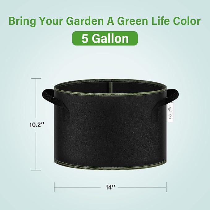 iPower 5-Gallon 5-Pack Grow Bag Thickened Nonwoven Fabric Pots Heavy Duty Aeration Container with Strap Handles for Garden and Planting Vegetable Flowers, Black with Green Stitch Sewing