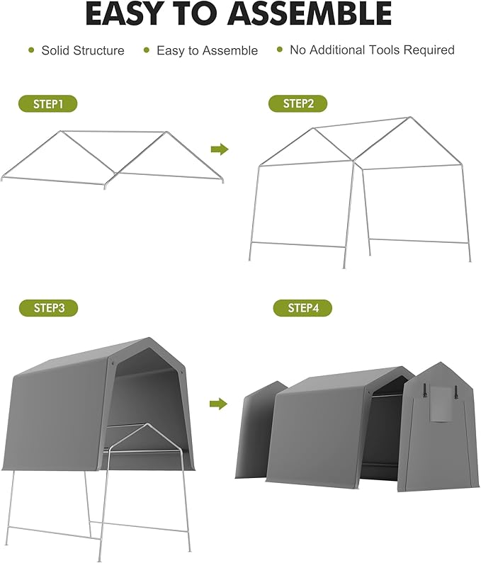 GarveeLife 6 x 8 ft Carport Storage Shed, Portable Garage with Roll-up Zipper Door, Heavy Duty Waterproof Tarp, Storage for Motorcycle, Bike, Firewood, Garden Tools