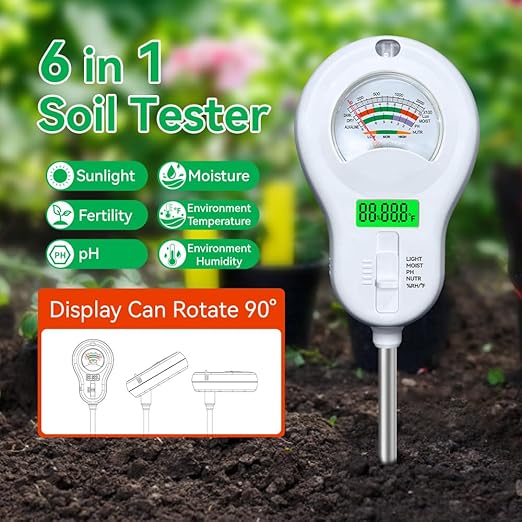 Soil Tester 6-in-1 Soil Moisture Meter Sunlight/Moisture/Fertility/PH/Environment Temperature/Environment Humidity,Backlight LCD Display for Gardener,Lawn, Farming,Plant Care,Potting Soil Growing