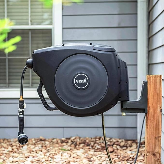 Vego Garden Hose Reel Retractable 1/2" x 100ft Wall Mounted Hose Reel Automatic Rewind, Any Length Lock with 9 Patterns Sprayer Nozzle, Quick Connector and Adjustable shot Nozzle