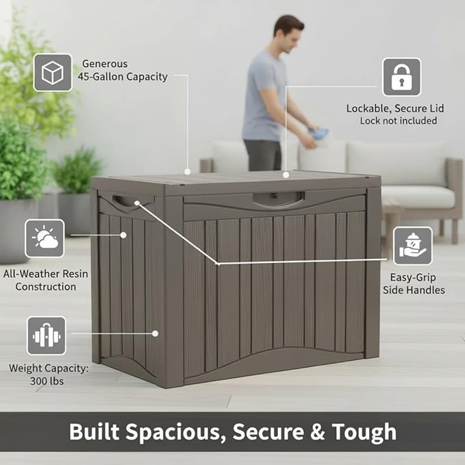 45 Gallon Deck Box, Outdoor Storage Chest with Lockable Lid - All-Weather, Water-Resistant for Patio Furniture Cushions, Garden Tools, Garage & Holiday Decor Organization