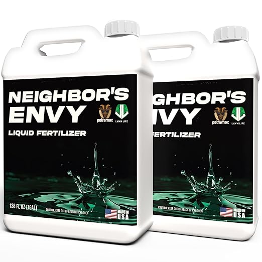 PetraMax Neighbor’s Envy Grass Fertilizer for Lawn & Garden, 2 Gallon Covers up to 32,000 sq.ft. 7-in-1 Liquid Lawn Fertilizer Concentrate for Deep Green Turf - Includes Nitrogen/Iron/Humic/Sea Kelp