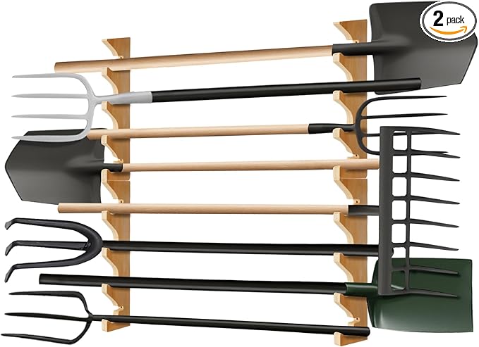 Beeveer 2 Pairs Pine Wood Garden Tool Organizer Wall Mount Garage Shed Yard Organization Racks Horizontal Garden Tool Holder for Wall Shovels Rakes Long Handled Objects Storage, 8 Slots in Total