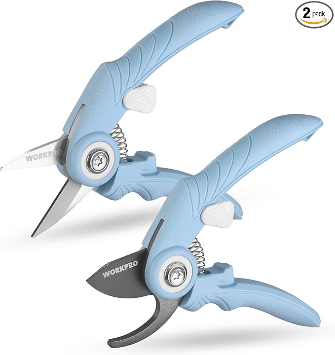 WORKPRO 2 Pack Garden Pruning Shears, 6.9" Bypass & Straight Shears, Premium Gardening Clippers for Flowers, Plants, and Fruit Trimming, Blue