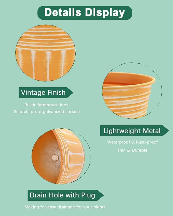 vensovo 5 Inch Orange Metal Rustic Flower Pots - 6Pcs Medium Galvanized Planters with Drainage Hole and Rubber Plug, Rustproof Metal Bucket Plant Pots Farmhouse Vintage Style for Decor