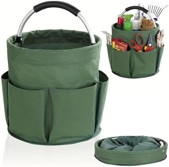 Gardening Tote Bag,Foldable Garden Tool Storage Bag Tool Organizer with 6 Exterior Pockets Wear-resistant & Reusable for Camping Picnicing Gardening Yard Lawn Work (Green)