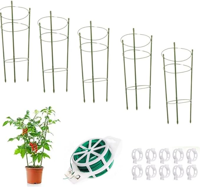 5 Pack Plant Support Tomato Cages for Garden Plants Support 18 inches Small Tomato Cages Tomato Trellis with Adjustable Rings Plant Stakes for Peony Supports Tomato Stakes Rings for Climbing Plants