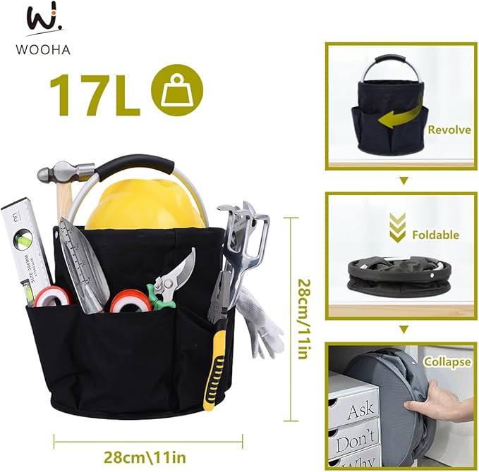 Wooha Tool Organizers Bag 34L Collapsible Tool Bag Laundry Organizer Outdoor Camping Garden Harvest Basket Home Bathroom Storage Bath Wash Bag（Black+Grey）