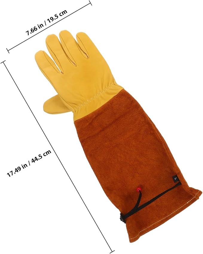 NUOBESTY Puncture Resistant Long Gardening Gloves for Thorn Protection and Rose Pruning, Gold Top-grain Sheepskin with Brown Split Cowhide Sleeves, Size L, Suitable for Yard Work