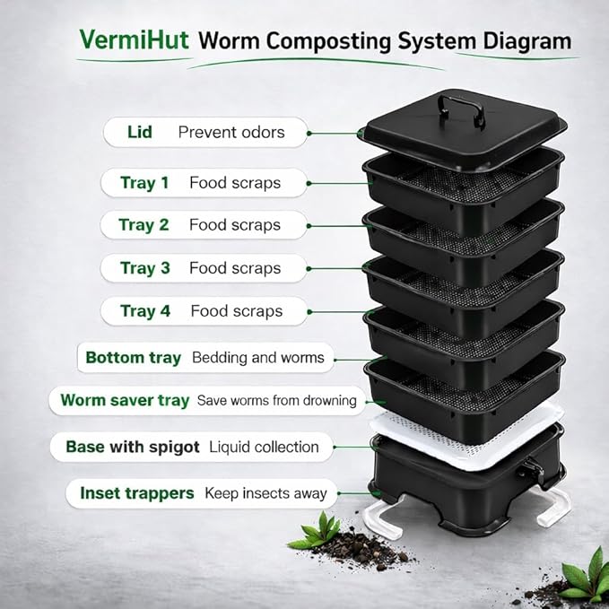 The Original VermiHut® Plus 5-Tray Worm Composter – Black | Indoor & Outdoor Vermicomposting Bin | Sustainable Design for Food Waste Recycling