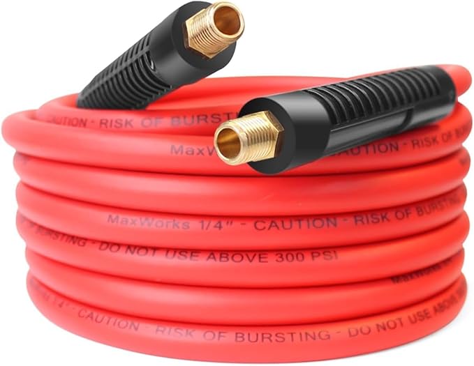 MaxWorks 80784 1/4" x 25ft Hybrid Polymer Air Hose – 300 PSI Maximum Working Pressure, All-Weather Flexibility, Lightweight, Non-Kinking, No-Memory Hose with Solid Brass Fittings