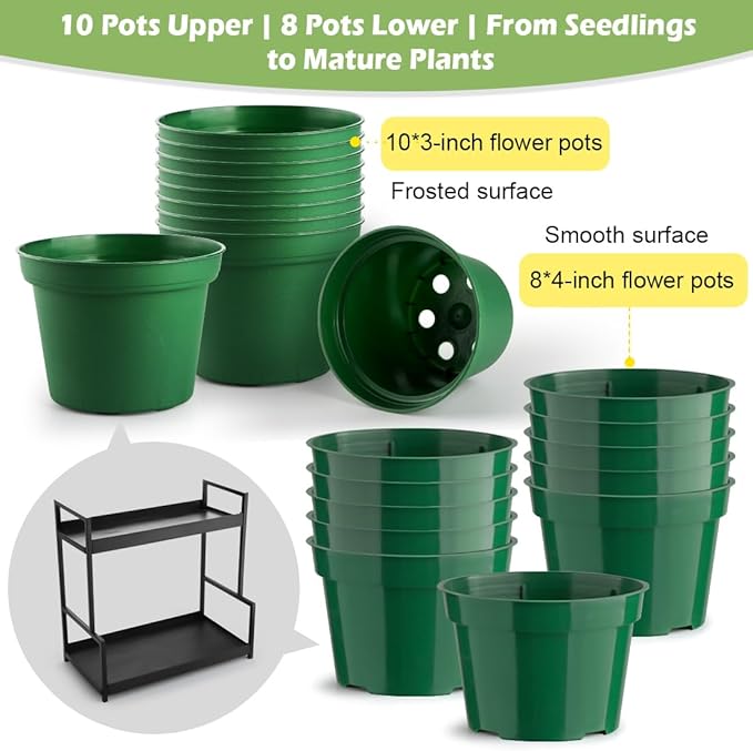 RooTrimmer 2-Pack Dual Tier Plant Stand with Grow Light and Green Plastic Nursery Pots for Plants, Indoor Gardening Kit for Herbs, Succulents, Seedlings & Small Plants Gardening Gifts