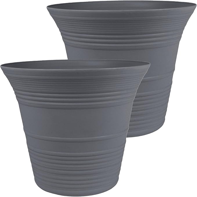 The HC Companies 12 Inch Sedona Round Self Watering Planter Pots, Lightweight UV-Resistant Plastic Indoor & Outdoor Planters, 2-Pack Flower Pots for Garden & Home Decor, Warm Gray