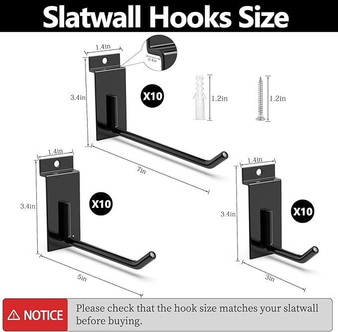 3-H Slatwall Hooks 30PC,3/5/7 Inch,Extra Large Thick Backplate (3.35×1.38 x 0.08 Steel),Heavy Duty Smooth Glide,Compatible with Proslat,Crownwall &Standard Slatwall Panels for Garage,Retail Display