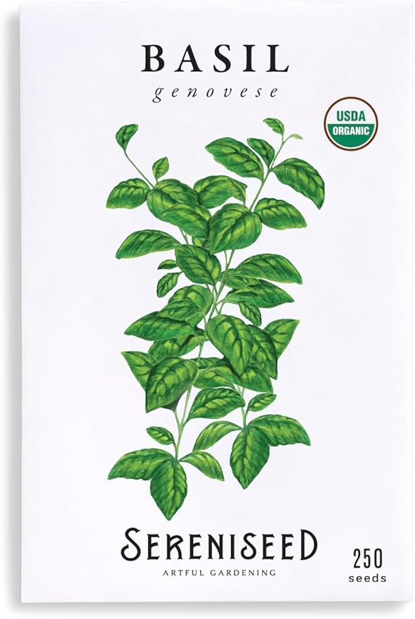 Sereniseed Certified Organic Genovese Basil Seeds – Non GMO, Heirloom – Seed Starting Video – Seeds for Indoor and Outdoor Planting (Ocimum basilicum)