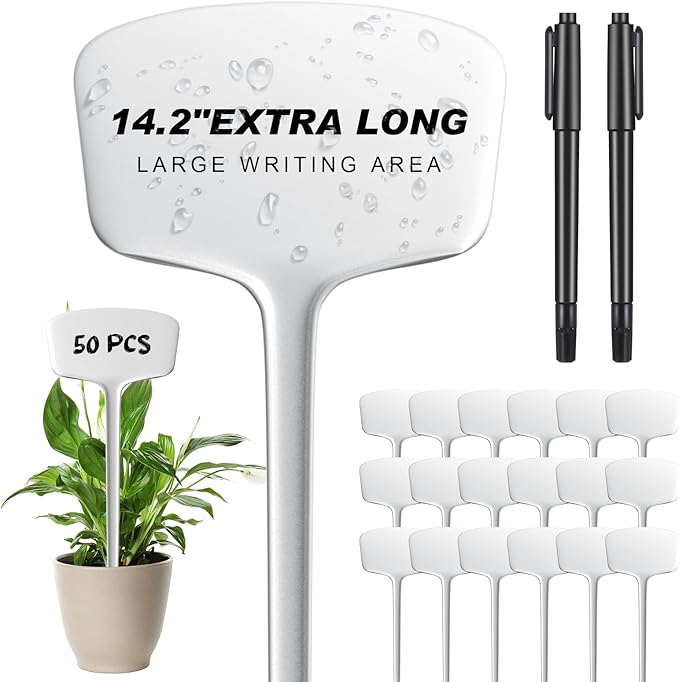 50 Pcs 14.2 Inch Plastic Plant Labels Tags T Type Plant Markers with Pen for Outdoor Indoor Garden Pot Herbs Flowers Vegetable(White)
