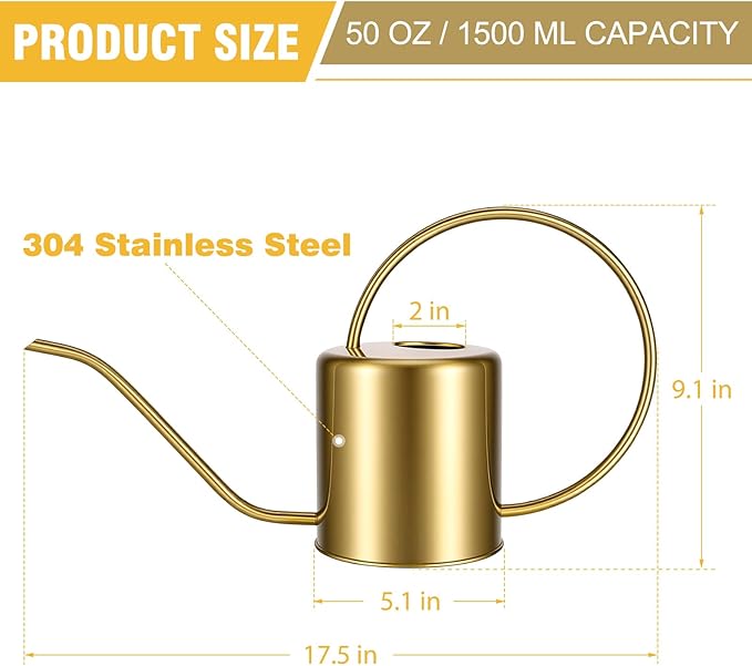 Plant Watering Can, 50 oz / 1500 ml Stainless Steel Metal - Modern Decorative with Long Spout for Indoor Potted Plants, Bonsai, Garden Flowers, Gold