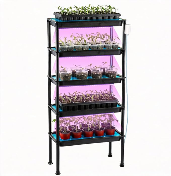 5-Tier Seed Starter Tray, Plant Stand with Grow Lights & Pump - Hydroponics Growing System, Ebb and Flow Seedbeds, Siphoning Watering, Designed for Nursery Cell Trays, Plant Pots