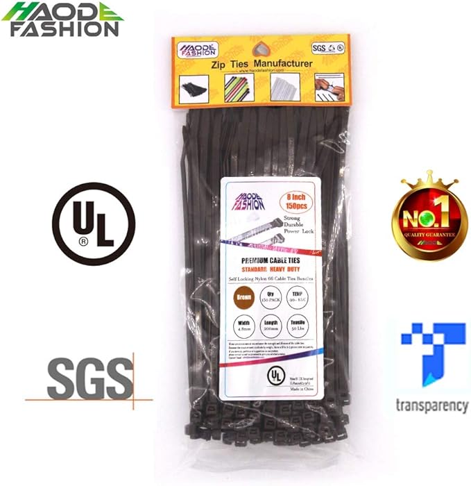 150 Pack Dark Brown Zip Ties 8 Inch, Heavy Duty 50 LBS Fence Cable Ties Color Matches Well with Bark Tree Branches, Gardening Plant Support Ties Outdoor Use