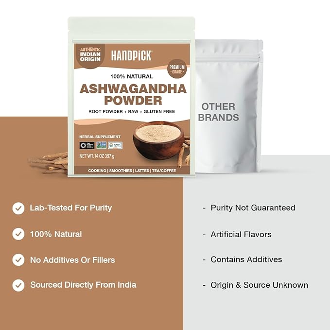 HANDPICK Ashwagandha Root Powder (397g/14oz) No Fillers, No Additives | Finest Grade A Root Powder - Withania Somnifera | Non-GMO & Raw from India