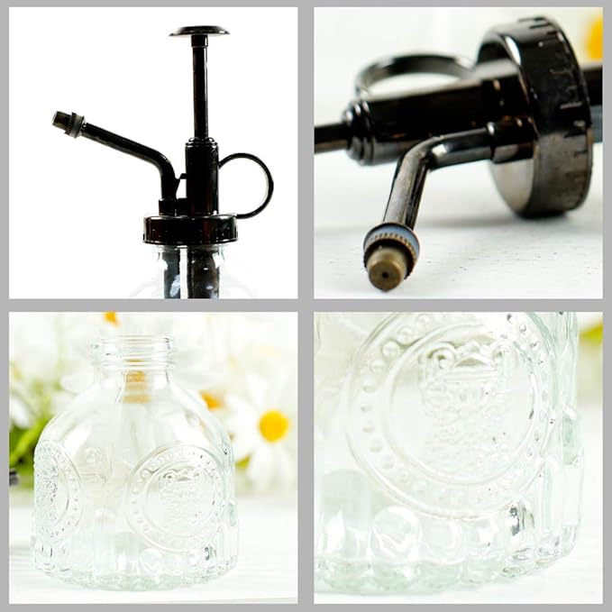 Hniuyun Glass Plant Mister Spray Bottle, 6.4 All Vintage Plant Spritzer Watering Can, Bronze Plastic Top Pump, Plant Mister Glass Watering Garden Tool (Clear)
