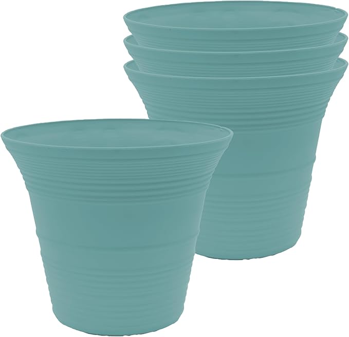 The HC Companies 7 Inch Sedona Round Self Watering Planter Pots, Lightweight UV-Resistant Plastic Indoor & Outdoor Planters, 4-Pack Flower Pots for Garden & Home Decor, Dusty Teal