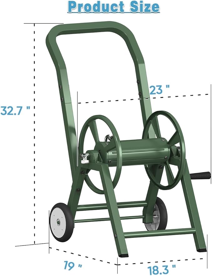 Garden Hose Reel Cart with Wheels, Holds 165 ft of 5/8’’ Hose Outdoor Heavy Duty Powder-coated Steel Water Storage Winder Holder with 3.9 Ft Leader Hose for Outside Lawn Yard, Green